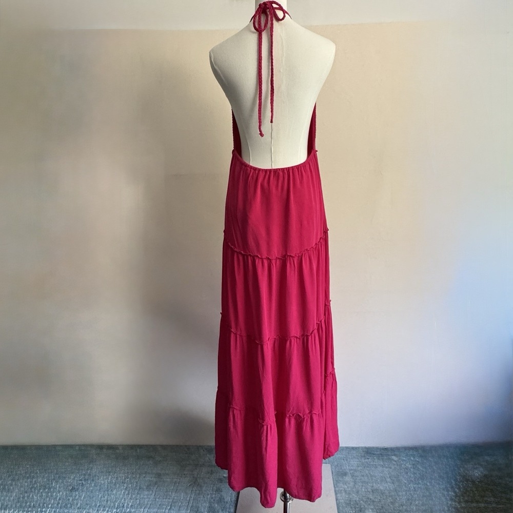 Slate & Willow Dark Pink Maxi Halter Tiered Dress Size XS Open Back Lined - Picture 3 of 16
